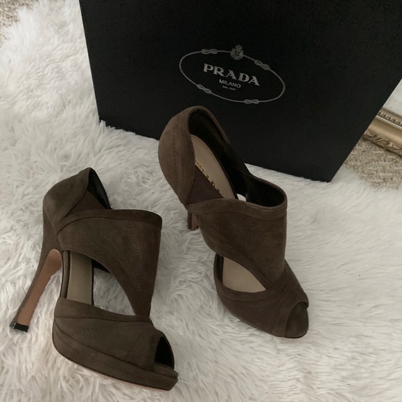 Prada Shoes - PRADA dark ash suede peep toe cut out booties